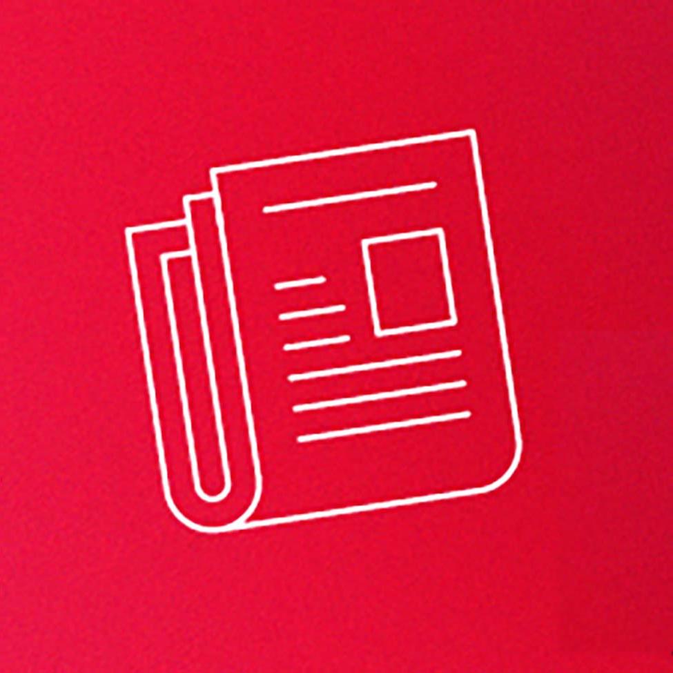 Red background with white newspaper icon